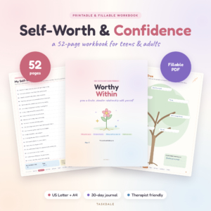 Worthy Within self-worth workbook, 52 printable and fillable pages for teens and adults