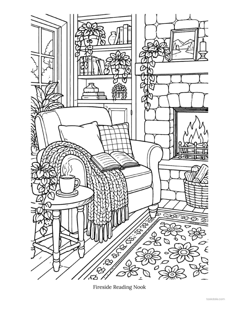 Free printable coloring page: Fireside Reading Nook