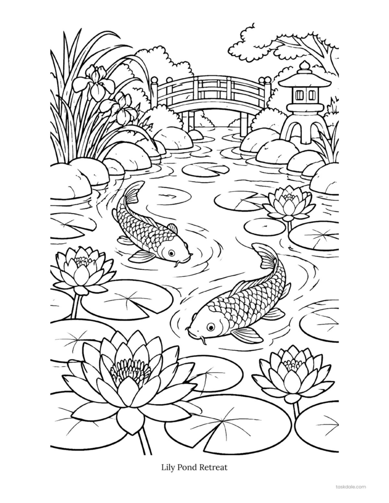 Free printable coloring page: Lily Pond Retreat