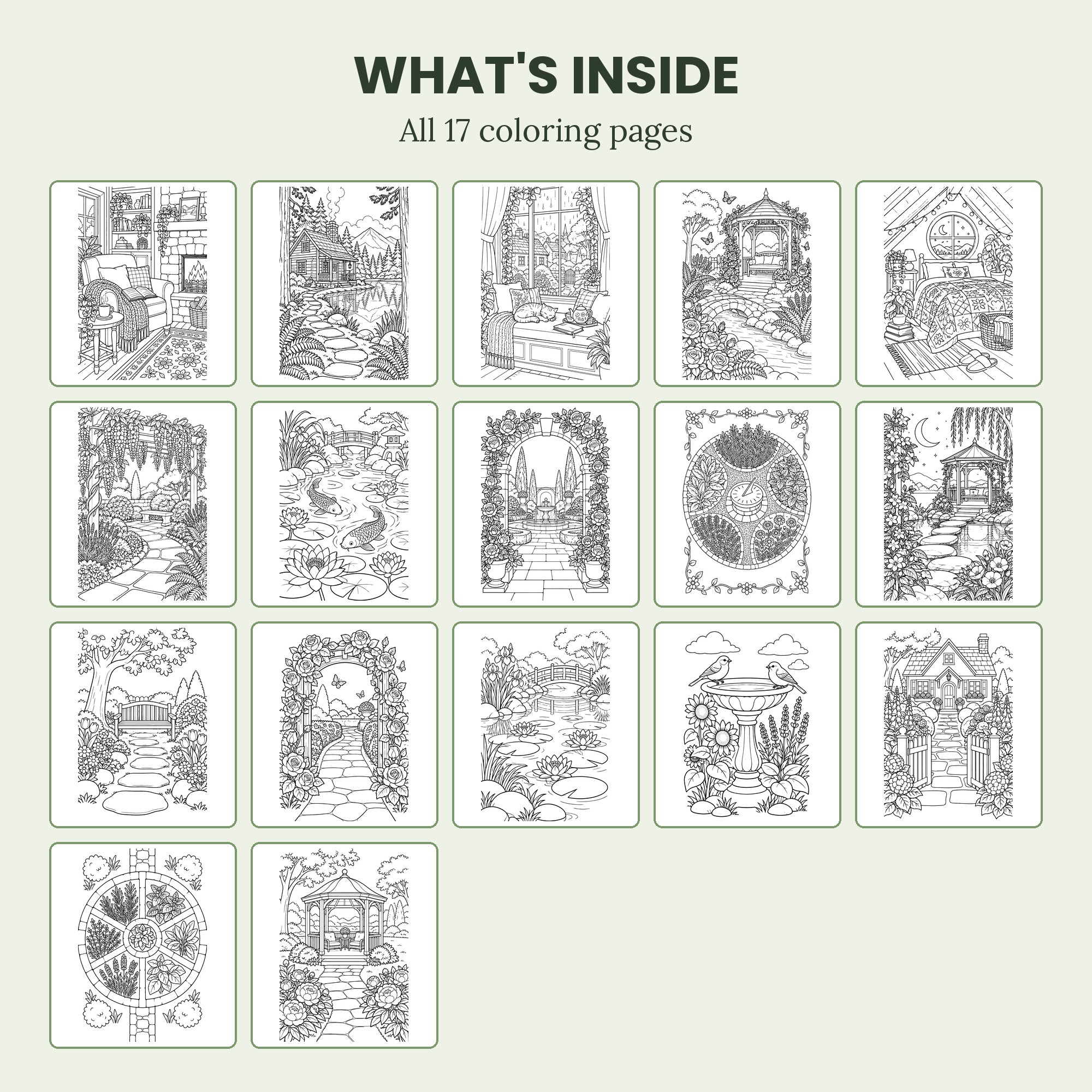 All 17 pages inside the Garden Hideaways adult coloring book