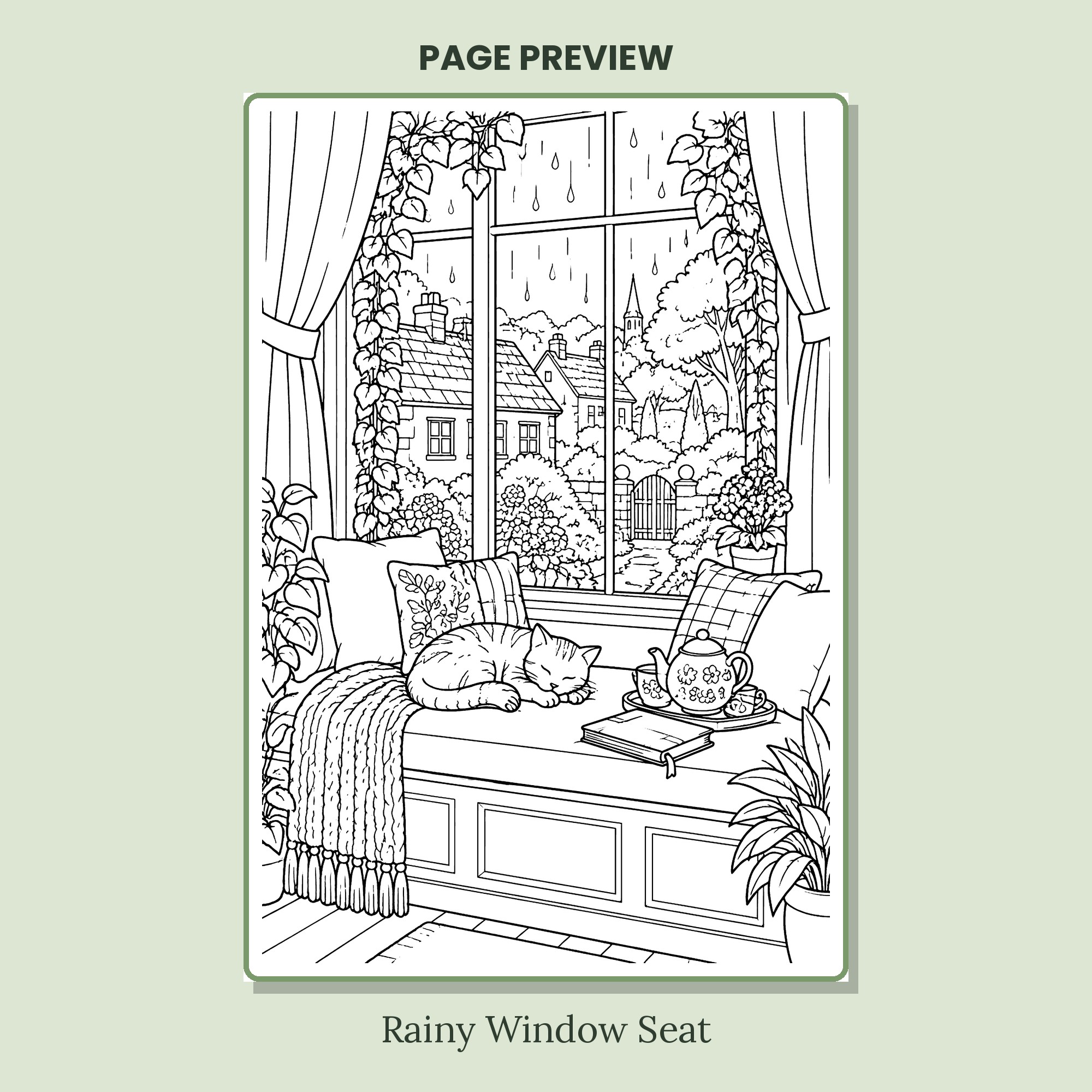 Rainy window seat coloring page from Garden Hideaways