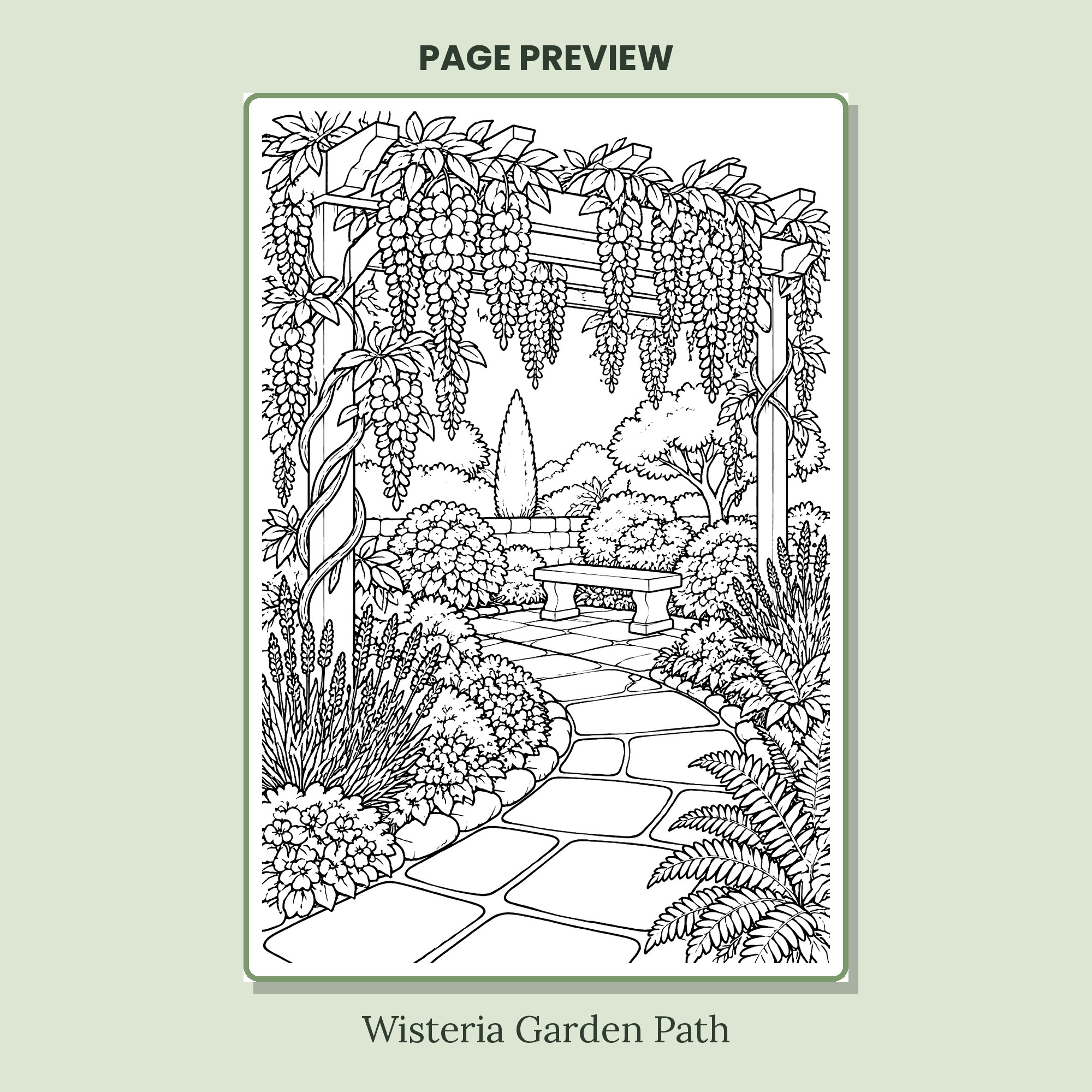 Wisteria garden path coloring page from Garden Hideaways