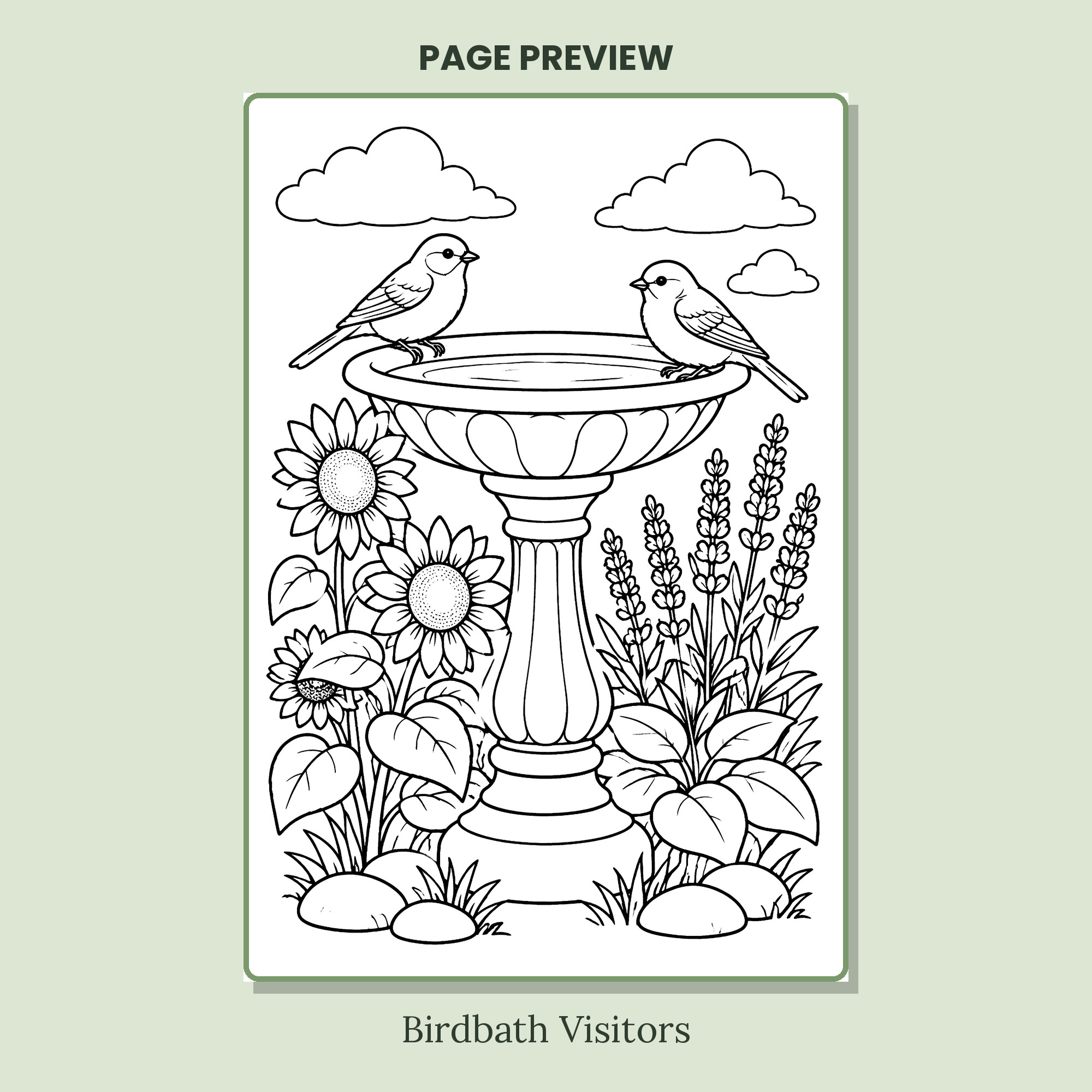 Birdbath visitors coloring page from Garden Hideaways