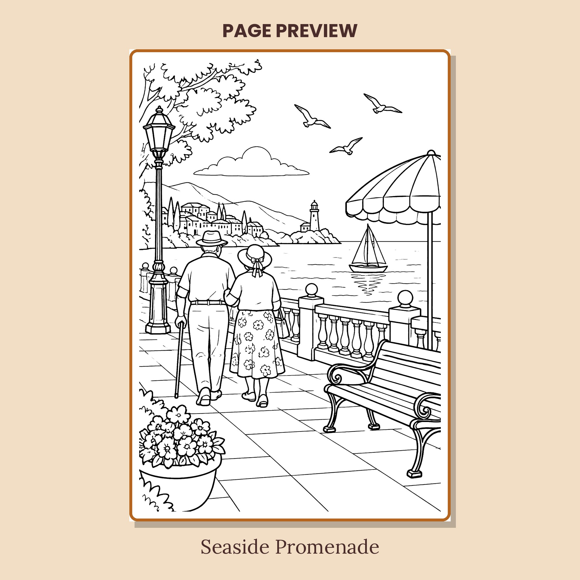 Seaside promenade coloring page from Golden Days