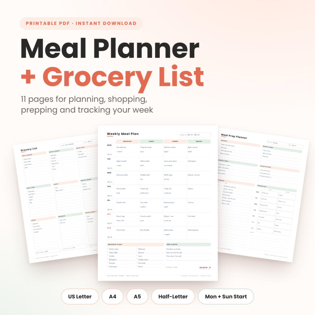 Fresh Week Meal Planner Printable Bundle: meal planner and grocery list pages